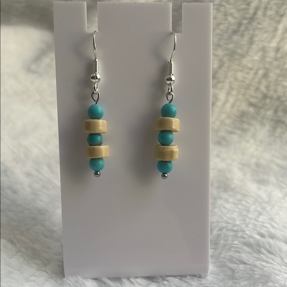 Turquoise and Wooden Beaded Earrings